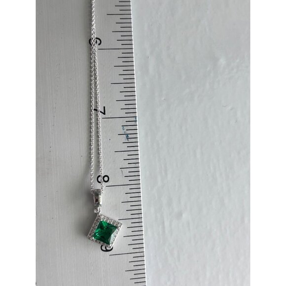 Sterling Silver Necklace With Green Square Gemstone Pendant & Clear Crystal Acce - Picture 3 of 4